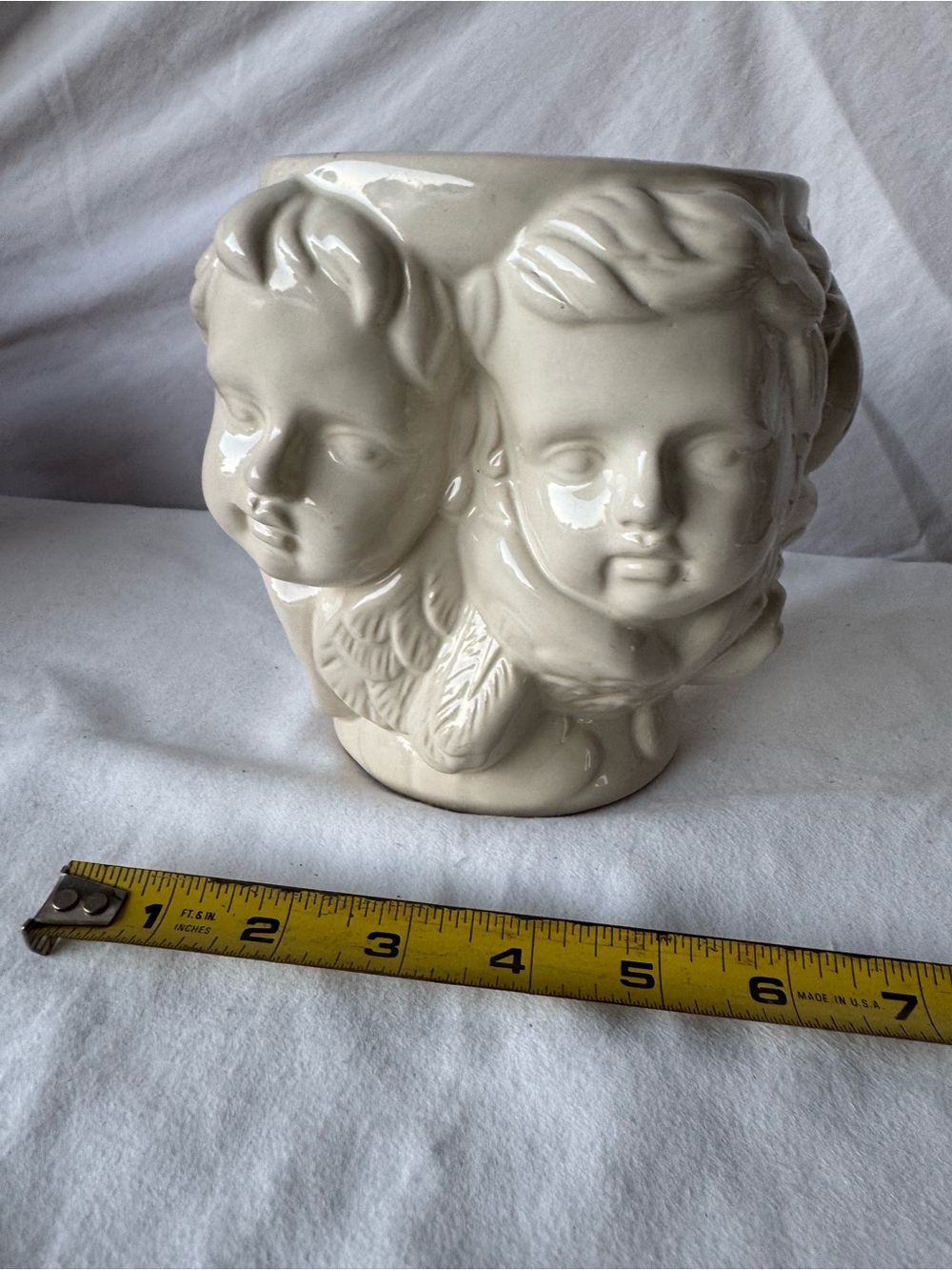 White Glazed Ceramic Cherub Face Planter Pot, 3D Effect, 6 in L x 6in H